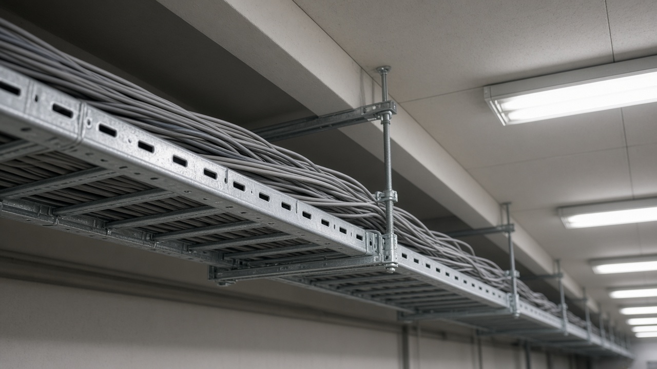 A metal cable tray along a corridor ceiling, filled with grey network cables.