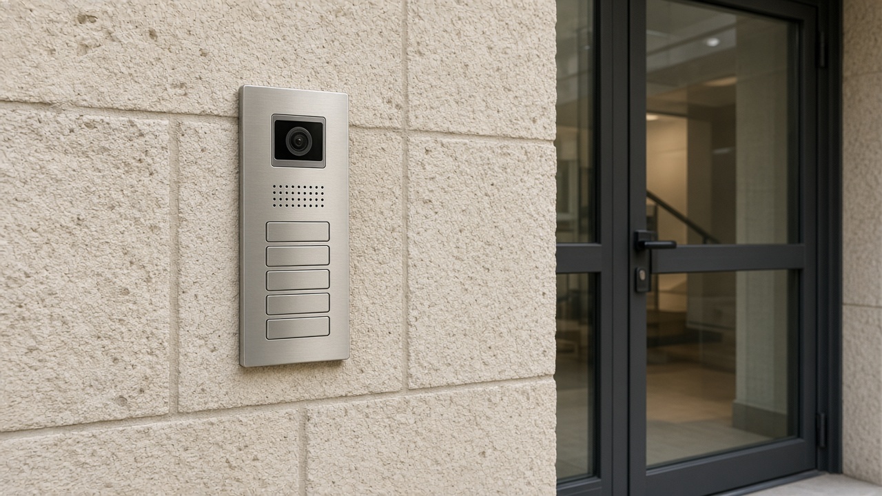 Stainless steel video door station with a camera and blank call buttons, mounted on a stone wall beside a glass apartment entrance.