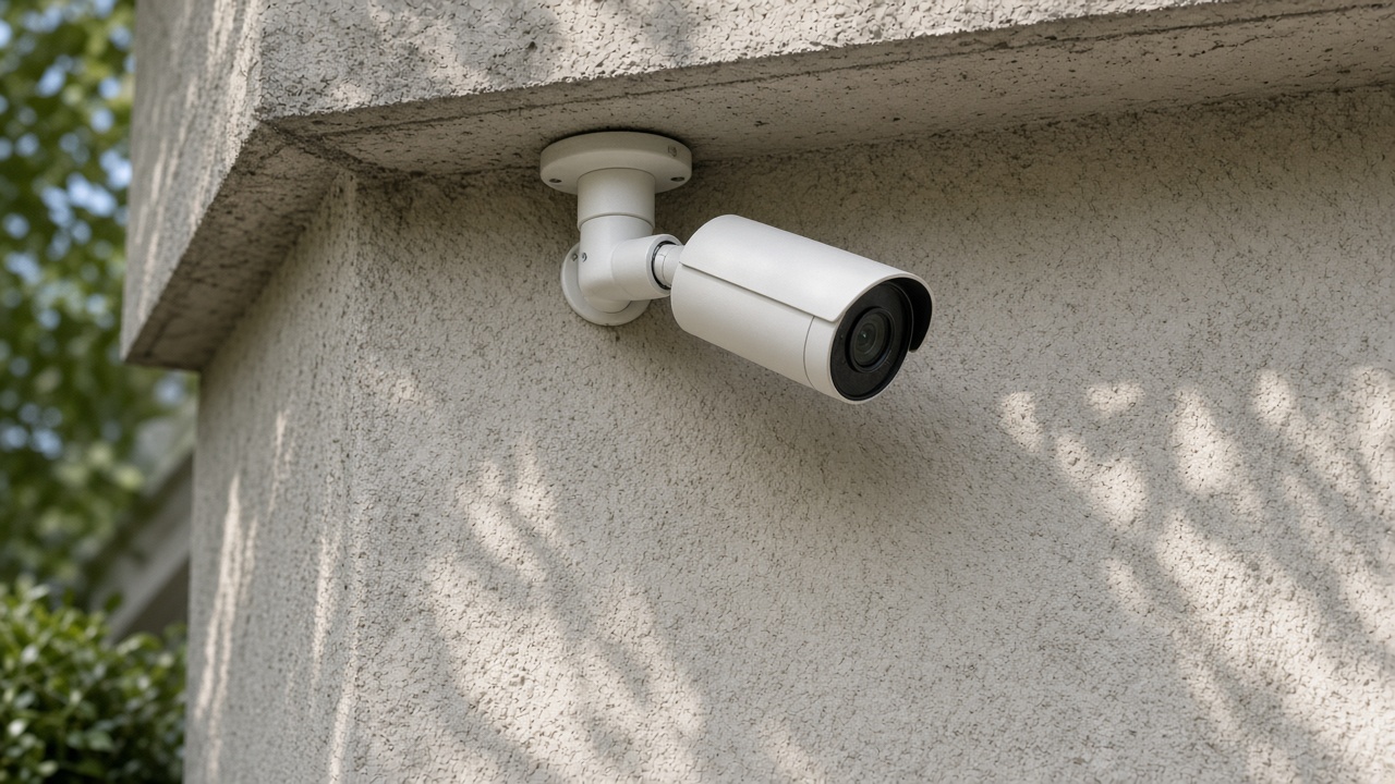 A white outdoor camera mounted in daylight under a concrete eave on a stucco wall.
