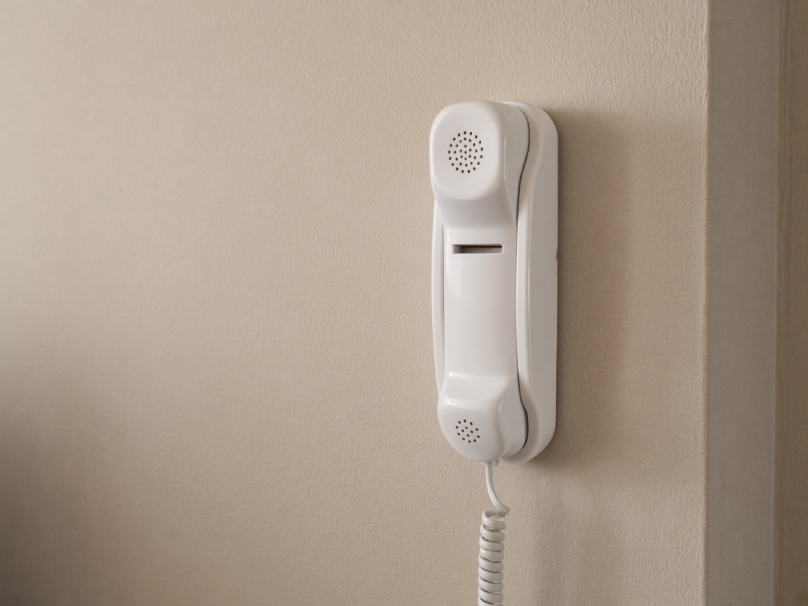 A plain white indoor intercom handset with a coiled cord, mounted on a plaster wall.