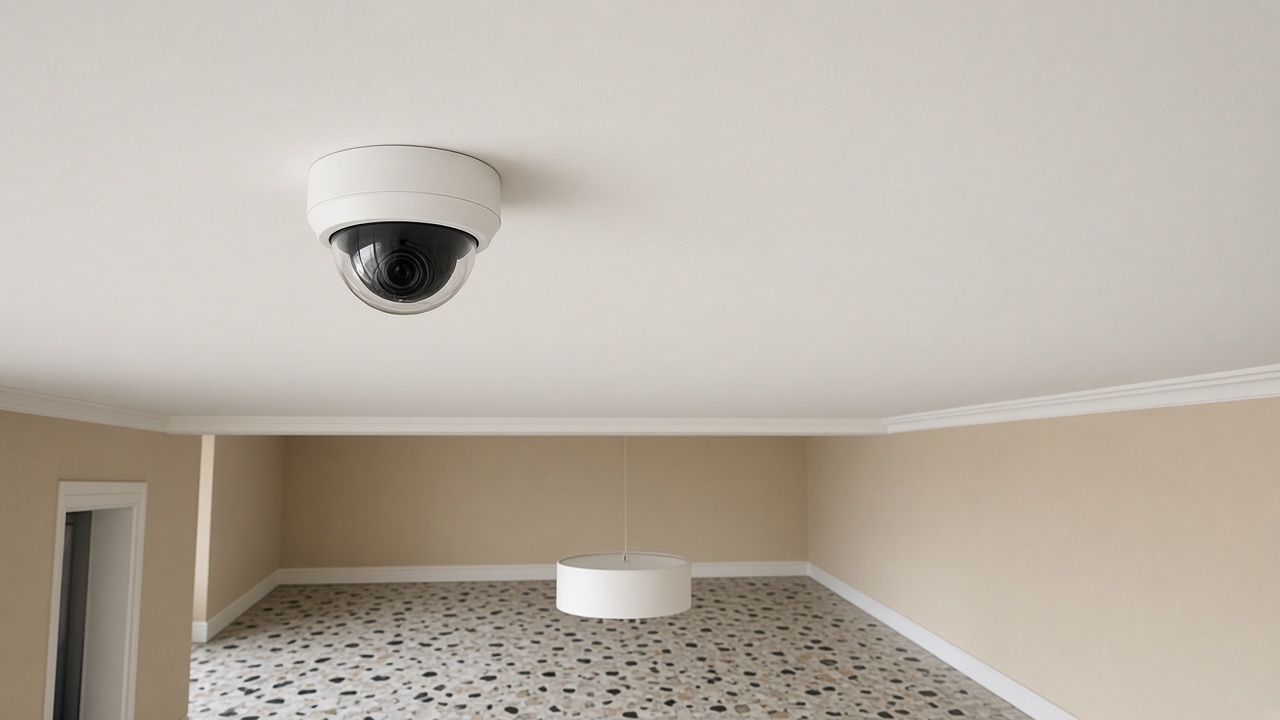 A white dome camera mounted in plain sight on an apartment lobby ceiling, above a terrazzo floor.