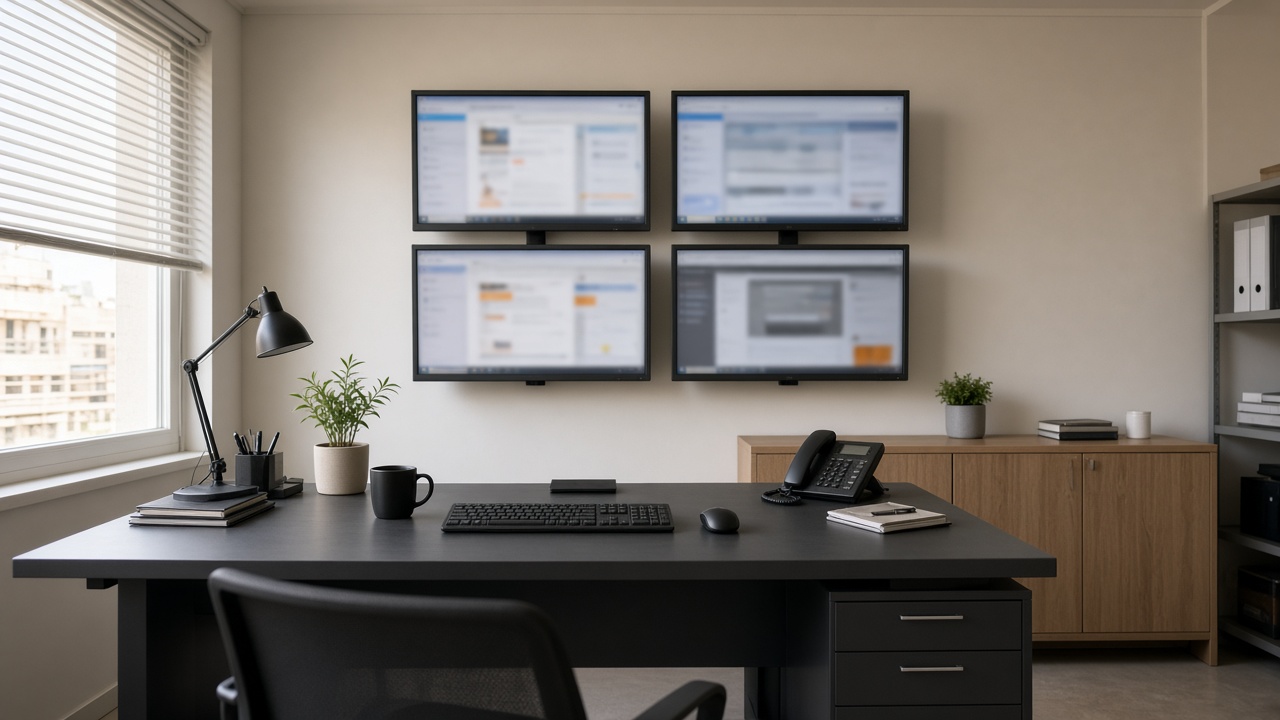 A small office with four wall monitors, the screens blurred so nothing on them can be read.