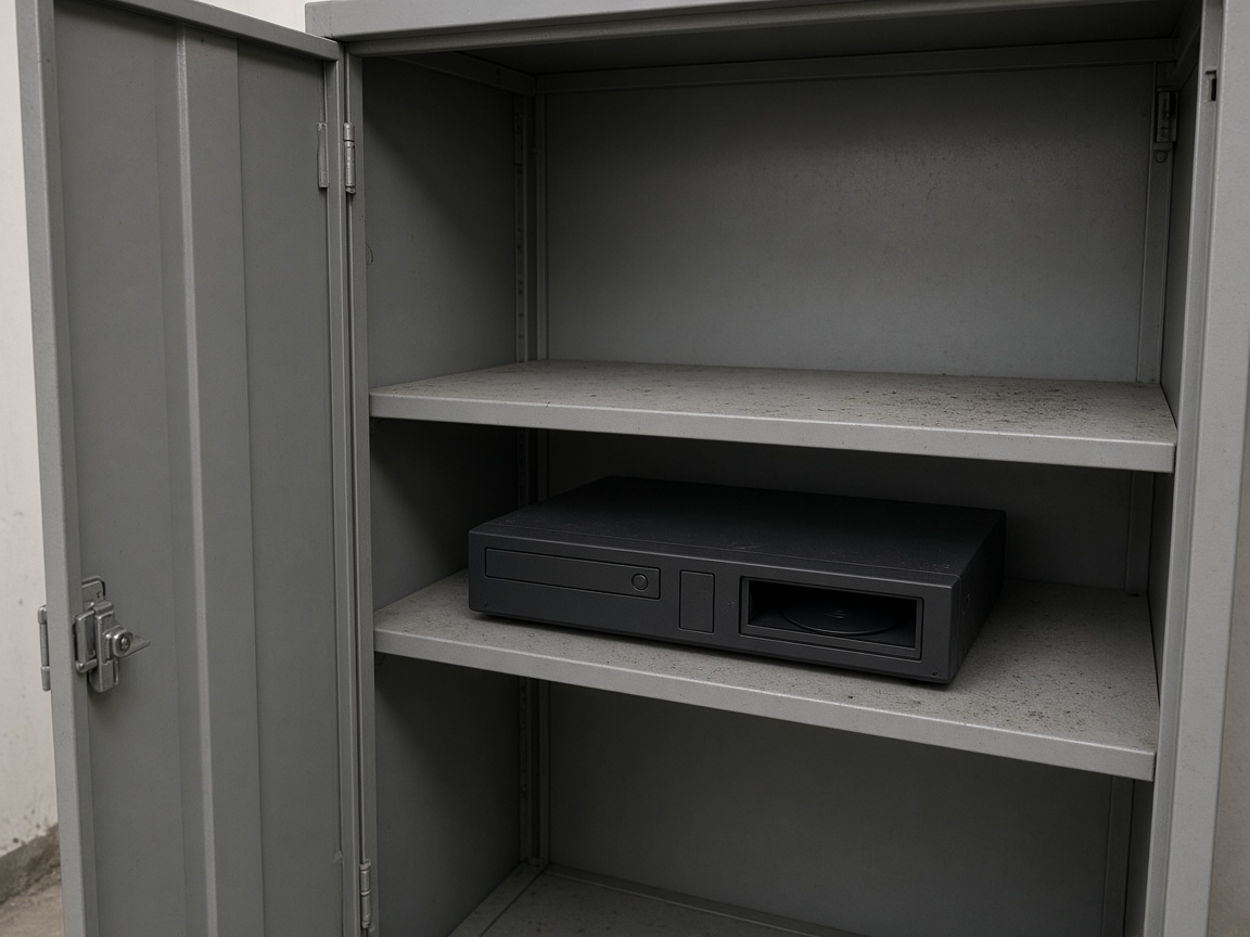 A grey metal cupboard standing slightly open, with an unbranded black recorder on a shelf inside.
