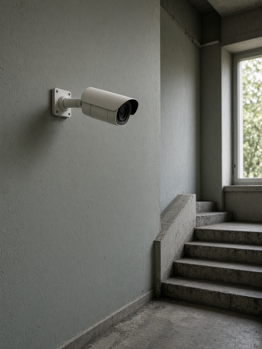 A bullet camera mounted visibly on the wall of a concrete stairwell, with daylight from a landing window.