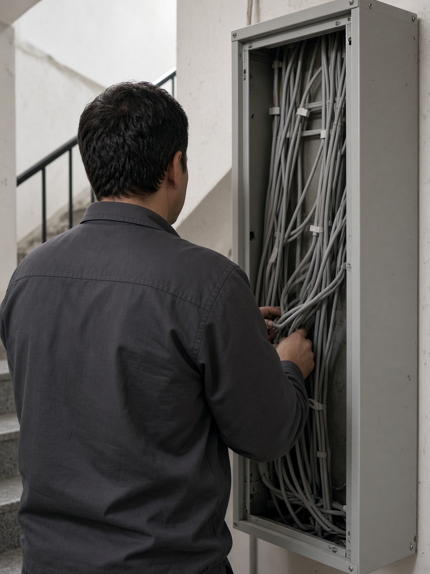 A technician seen from behind, working at an open cable riser in an apartment stairwell.