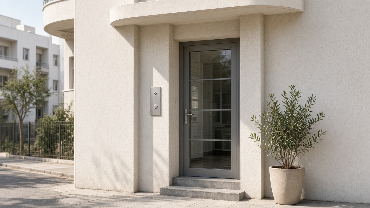 Daylight view of a pale Tel Aviv residential entrance with a glass door, a small intercom panel, and a potted tree.